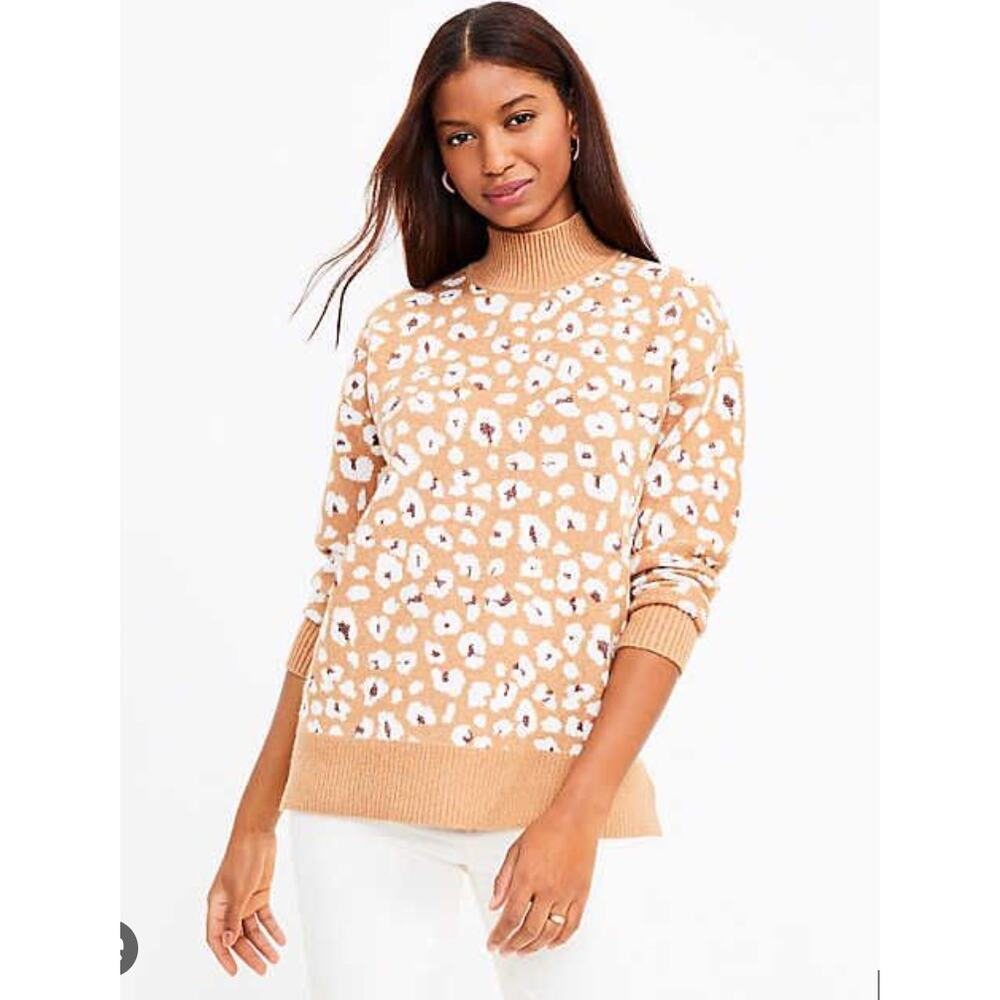 LOFT Tan Leopard Animal Print Turtleneck Tunic Sweater // XS
